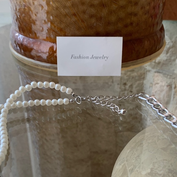 Faux White Pearl & Silver Mixed-Chain Necklace - Picture 2 of 4